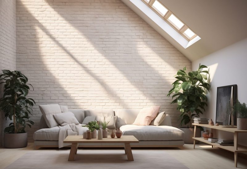 Bright finished loft conversion living area with sloped ceiling and plants