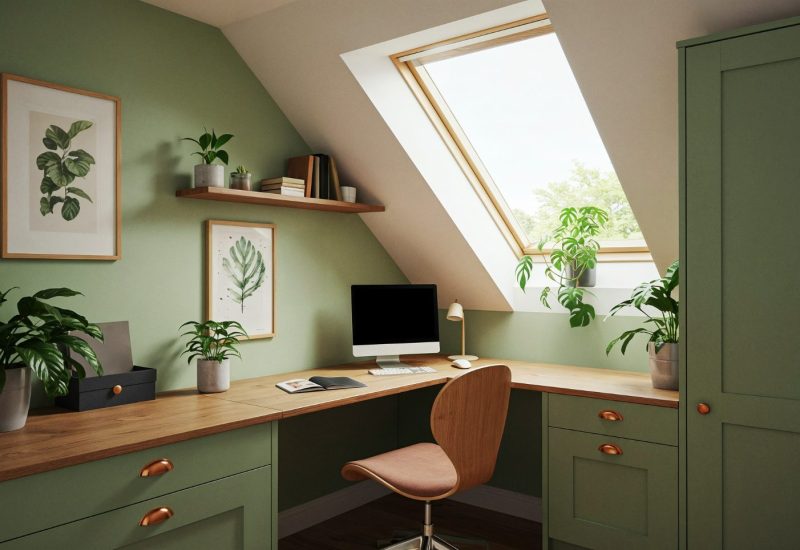 Converted loft home office with green walls, Velux window and wooden desk