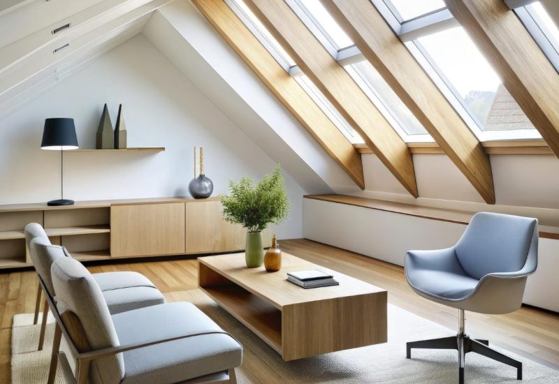 Converted loft living room with Velux windows, sofa and coffee table