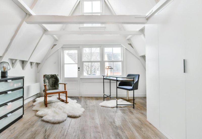 Spacious converted loft bedroom with multiple roof windows and light wood floor