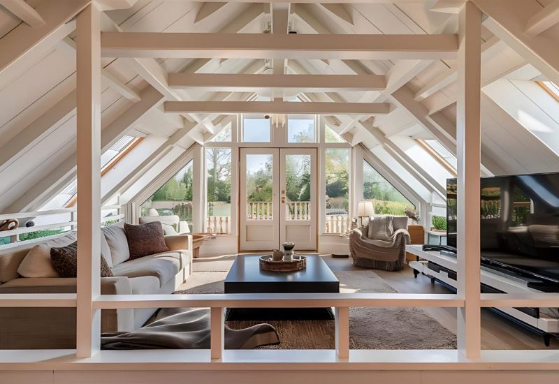 Bright converted loft room with bi-fold doors opening to outdoor terrace