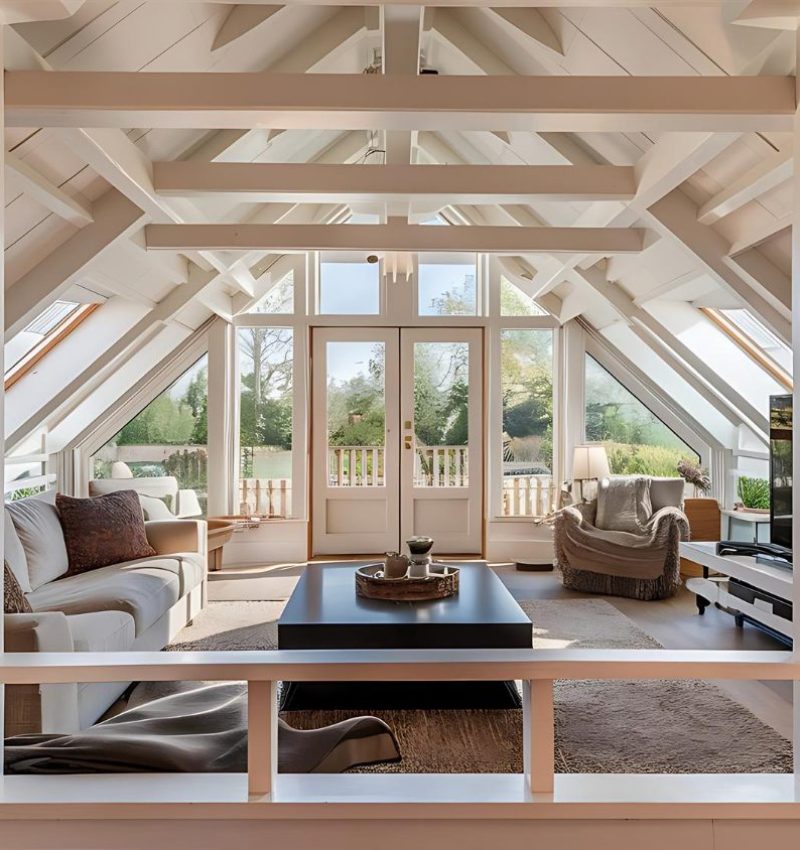 Bright converted loft room with bi-fold doors opening to outdoor terrace